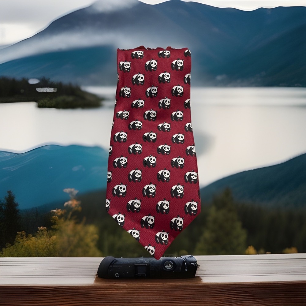 Vtg. Meeting Street Silk Made In Italy Necktie Tie Panda Bears Burgundy 4"W 56"L